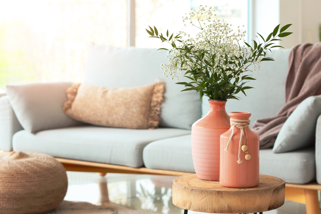 Pink Vases with Flowers in Living Room
